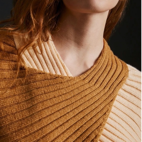 By Anthropologie Brown and Cream V-Neck Wrap Sweater with Ribbed Texture Size M - Picture 3 of 11